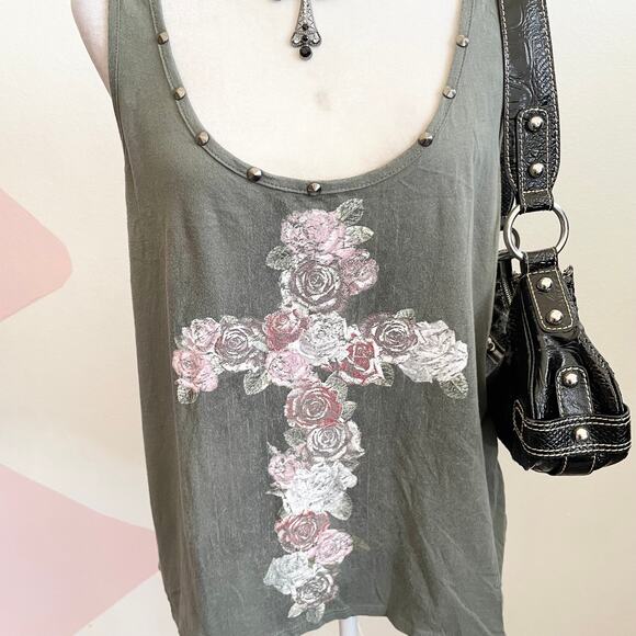 Y2K Floral Cross Studded Tank Top Vintage 2000s Grunge‎ Gothic Punk Festival XL - Picture 2 of 6